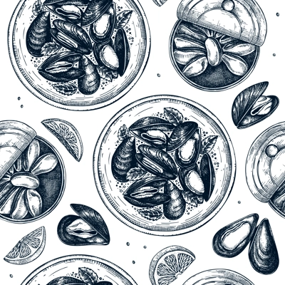 Hand drawn cooked mussels on platter with herbs seamless pattern. Vector package, banner, wrapping paper template with retro seafood elements. Realistic shellfish background with tinned mussels..